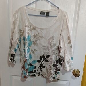 Chico's Cream and Blue Leaf Print Long Sleeve Top